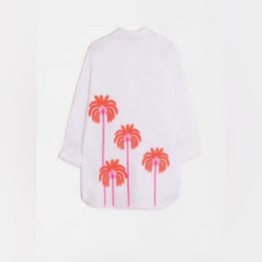 Vilagallo Louisa Embroidered Palm Trees 100% Linen Cream Shirt Size‎ 44 (XL)